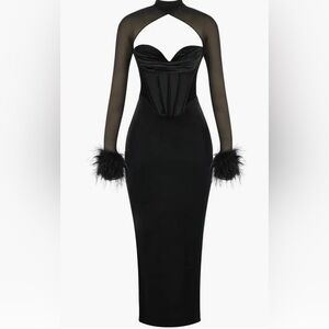 House of CB Thalia Black Velvet Dress w/ Mesh sleeve, Feather cuff bolero/shrug